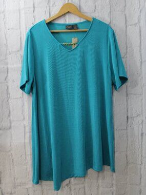 Travelers by Chico's 3 Extra Large Turquoise Gold Tone Detail V Neck Slinky Top
